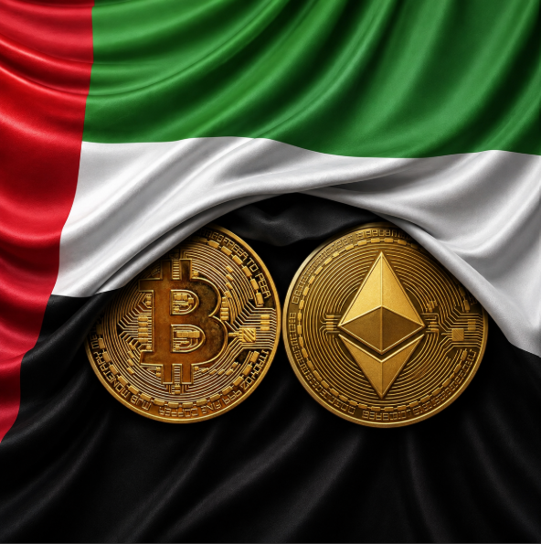 Coin Bureau 貼文配圖:阿聯酋國旗下的 Bitcoin 與 Ether 金幣