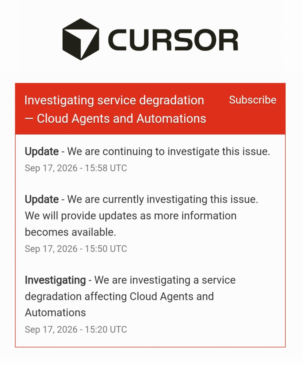 Cursor 官方 status 頁截圖，顯示 Cloud Agents and Automations 服務降級事故
