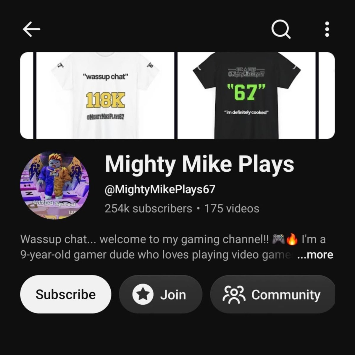 Mighty Mike Plays YouTube 頻道主頁截圖,頂部展示印有 118K 字樣的 T 恤