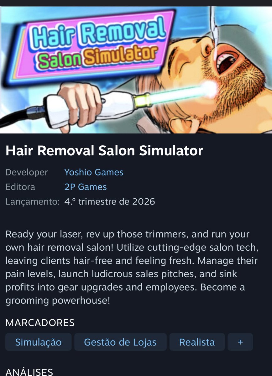 吉田修平點名的《Hair Removal Salon Simulator》Steam 商店頁，開發商 Yoshio Games，發行商 2P Games，預計 2026 年第四季推出