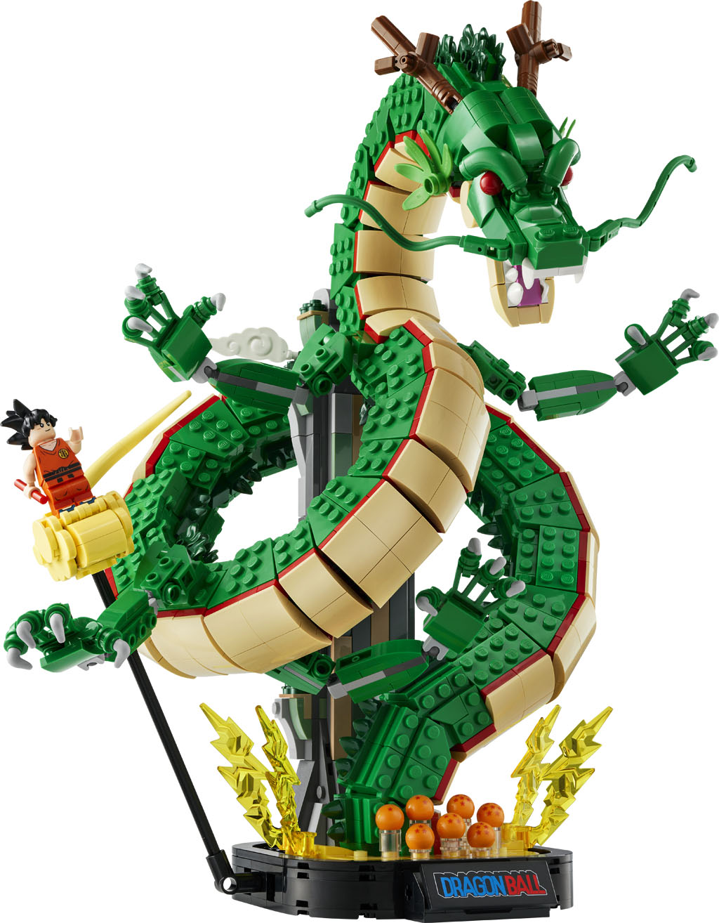 LEGO Icons 11390 神龍砌好後的官方圖片，神龍盤繞在展示底座上，底座放着七粒龍珠
