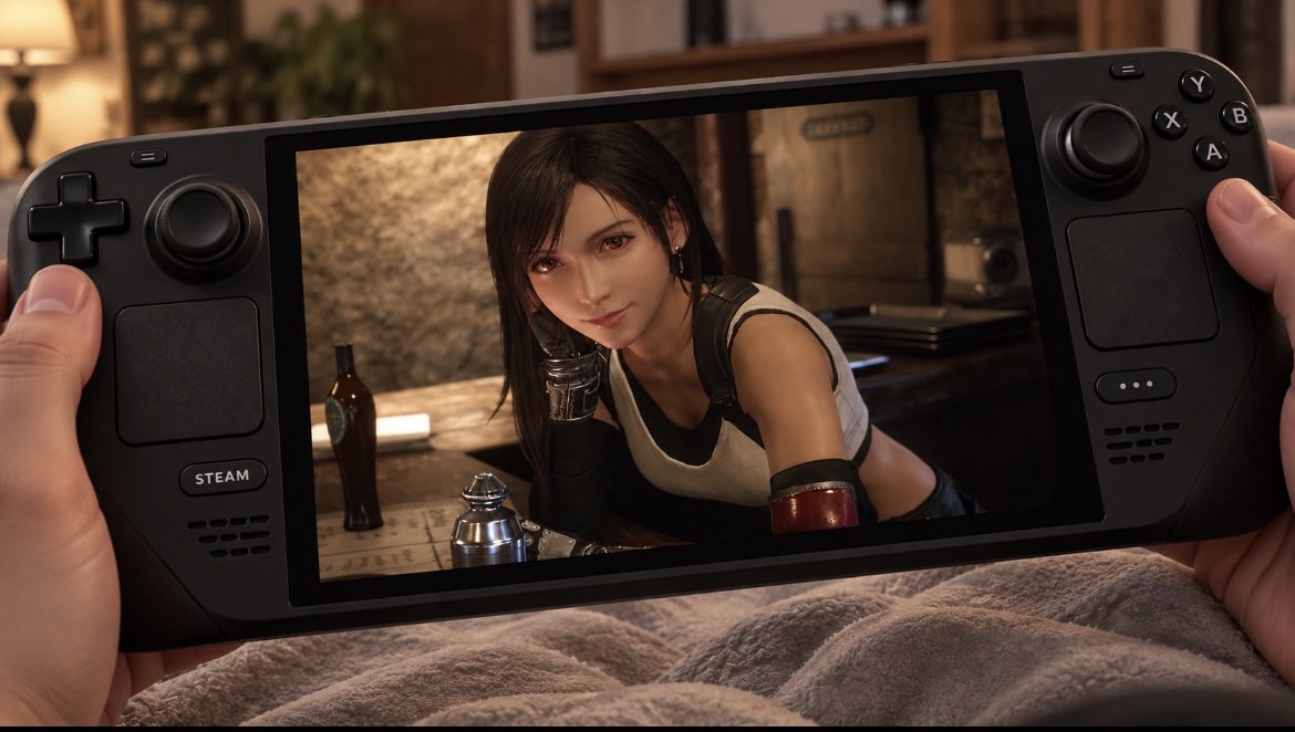 Steam Deck 與 Final Fantasy 7 角色 Tifa 意象圖
