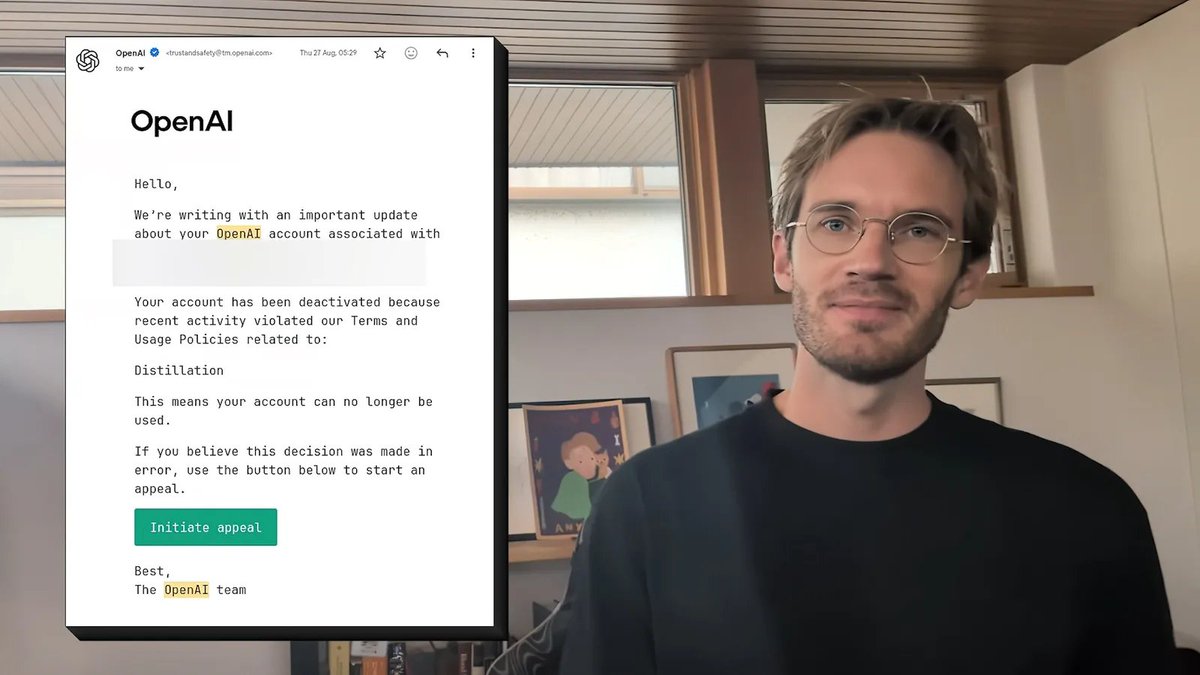 PewDiePie 在影片中展示 OpenAI 發出的停用通知,理由一欄寫明 Distillation