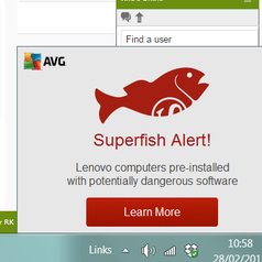 防毒軟件 AVG 當年向用戶彈出的 Superfish 警告,提醒 Lenovo 電腦預載了具潛在危險的軟件