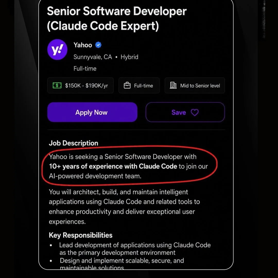 網上流傳的 Yahoo 招聘截圖，紅圈標示要求 10 年以上 Claude Code 經驗