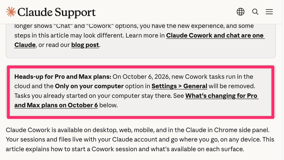 Claude 說明中心「Use Claude Cowork on web, desktop, and mobile」頁面頂部的 Pro 及 Max 方案提示,10 月 5 日截圖